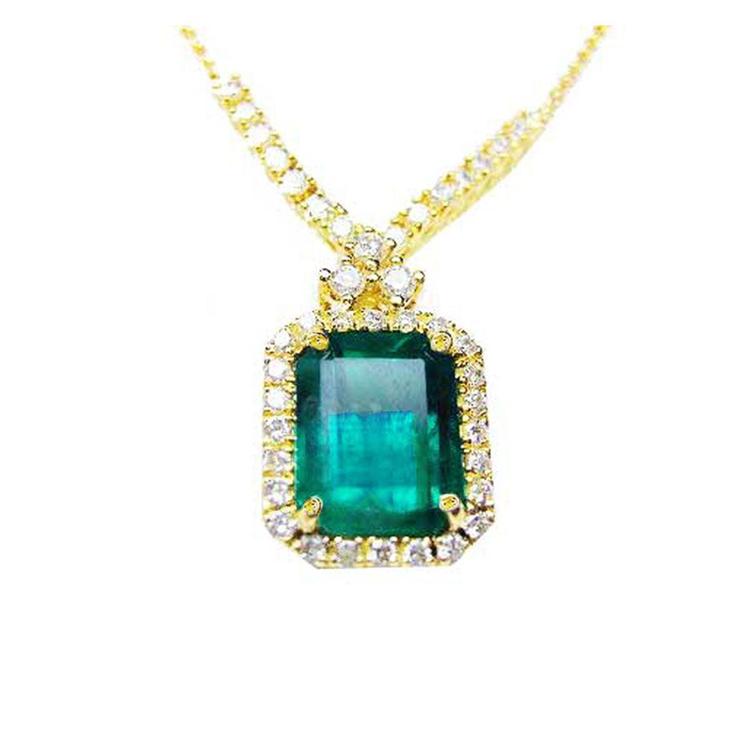 Gift for Mother's Day emerald necklace emerald-cut natural emerald deep green bluish color, encircled by a halo diamond high quality