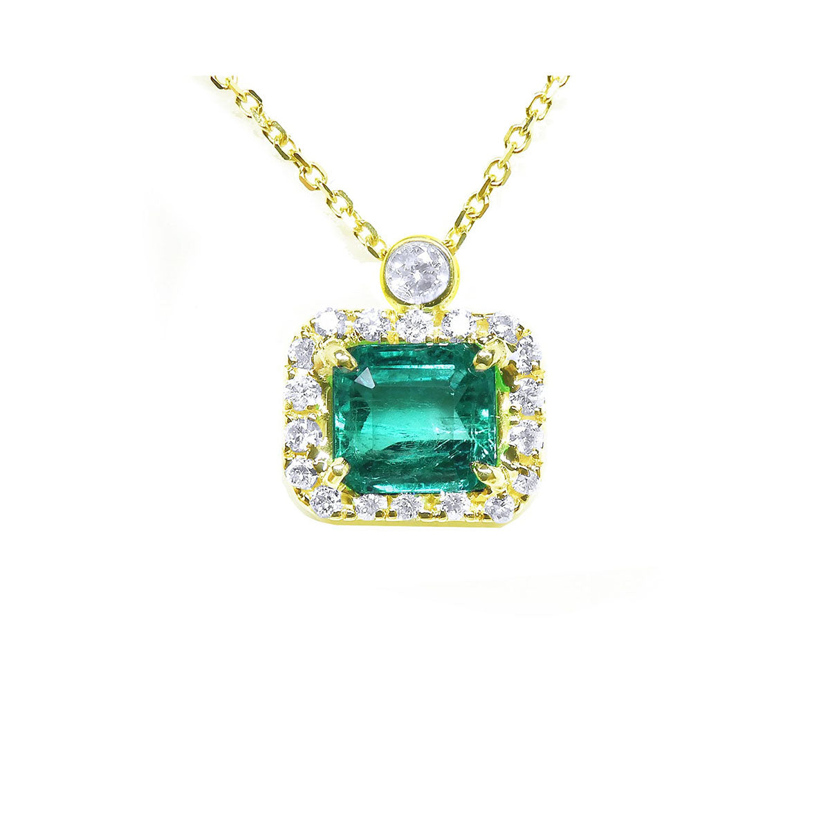 Emerald jewelry necklace east west orientation in a halo of natural diamonds, 14k yellow gold