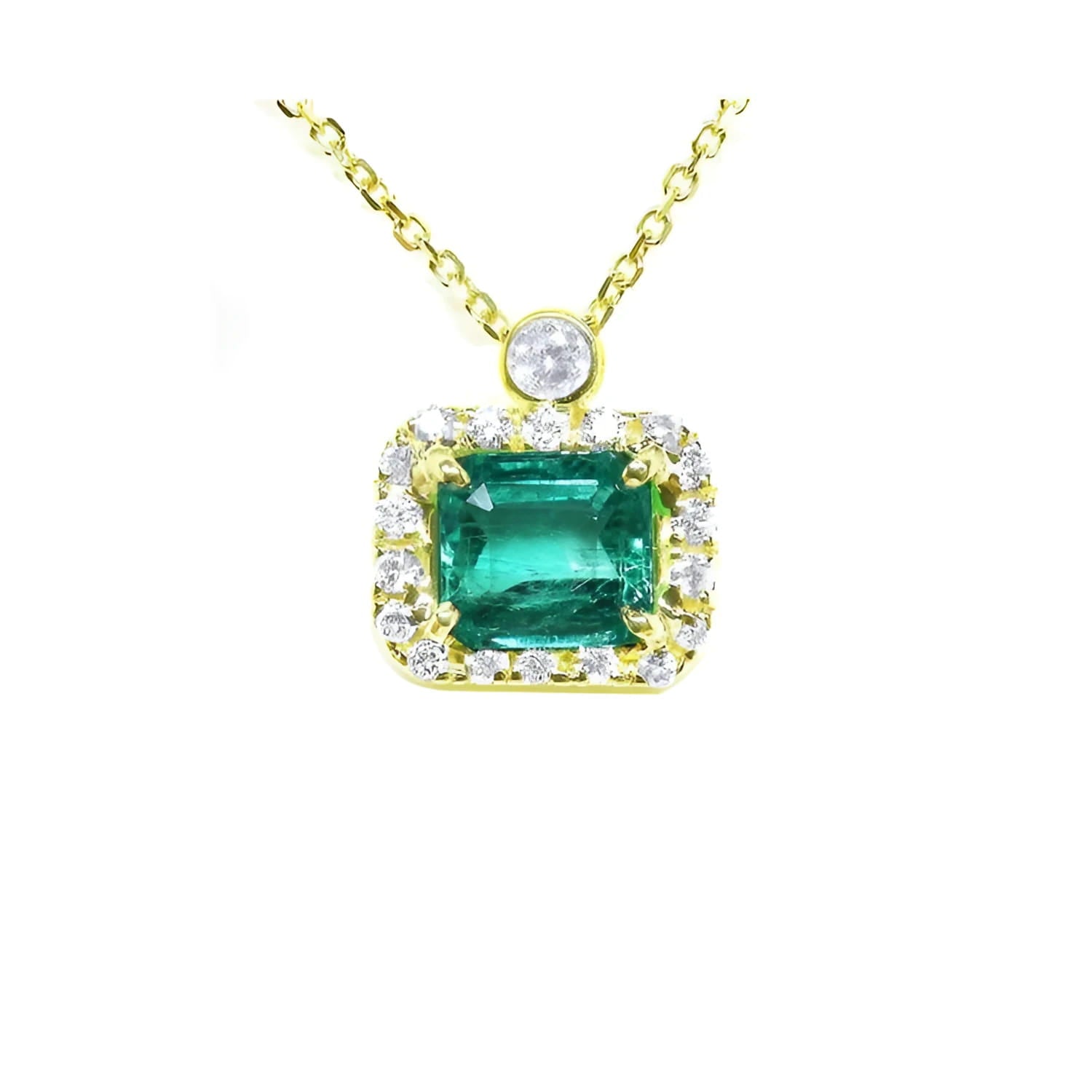 Emerald jewelry necklace east west orientation in a halo of natural diamonds, 14k yellow gold