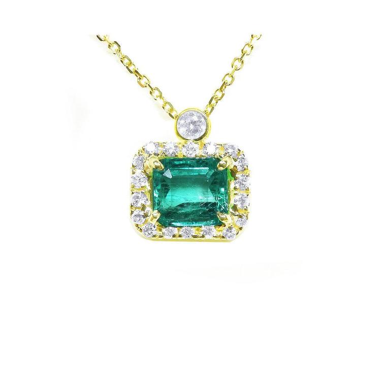 Emerald jewelry necklace east west orientation in a halo of natural diamonds, 14k yellow gold