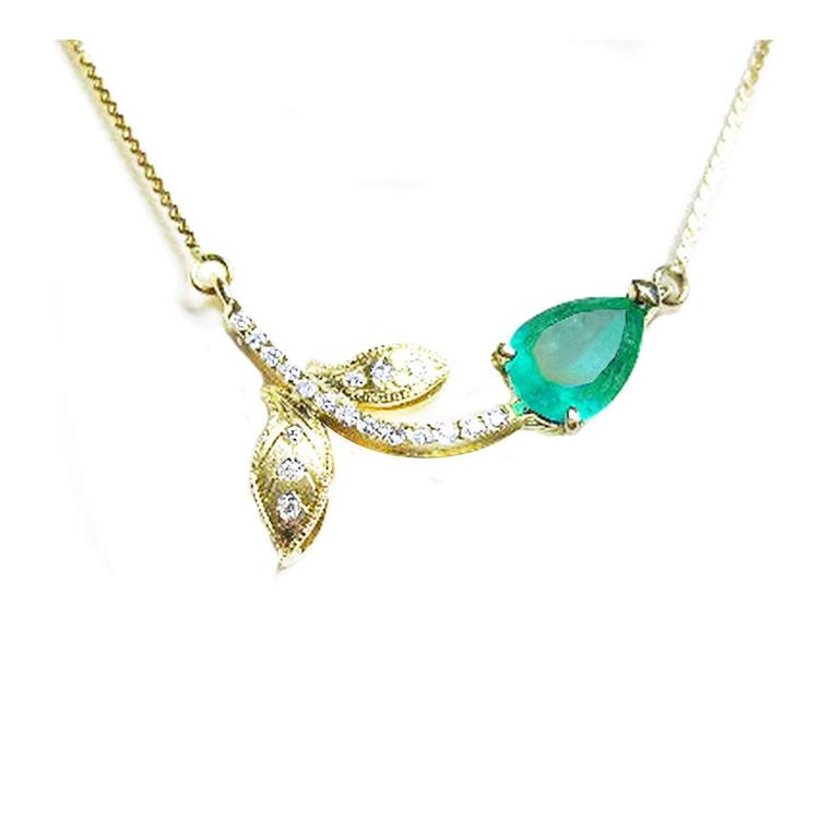 Natural Colombian emerald necklace 1.66 carats sourced from Muzo mines; design handcrafted in 14k yellow gold