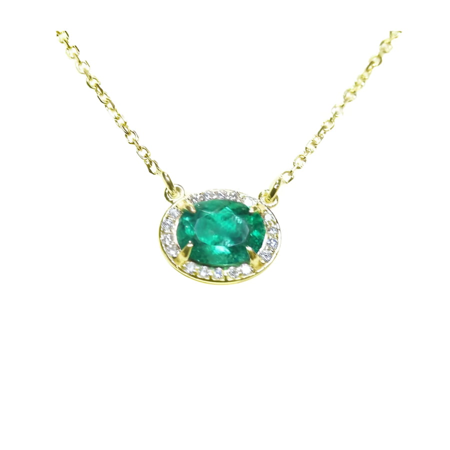 Emerald necklace oval cut east west orientation from Muzo mines Colombia halo natural diamonds