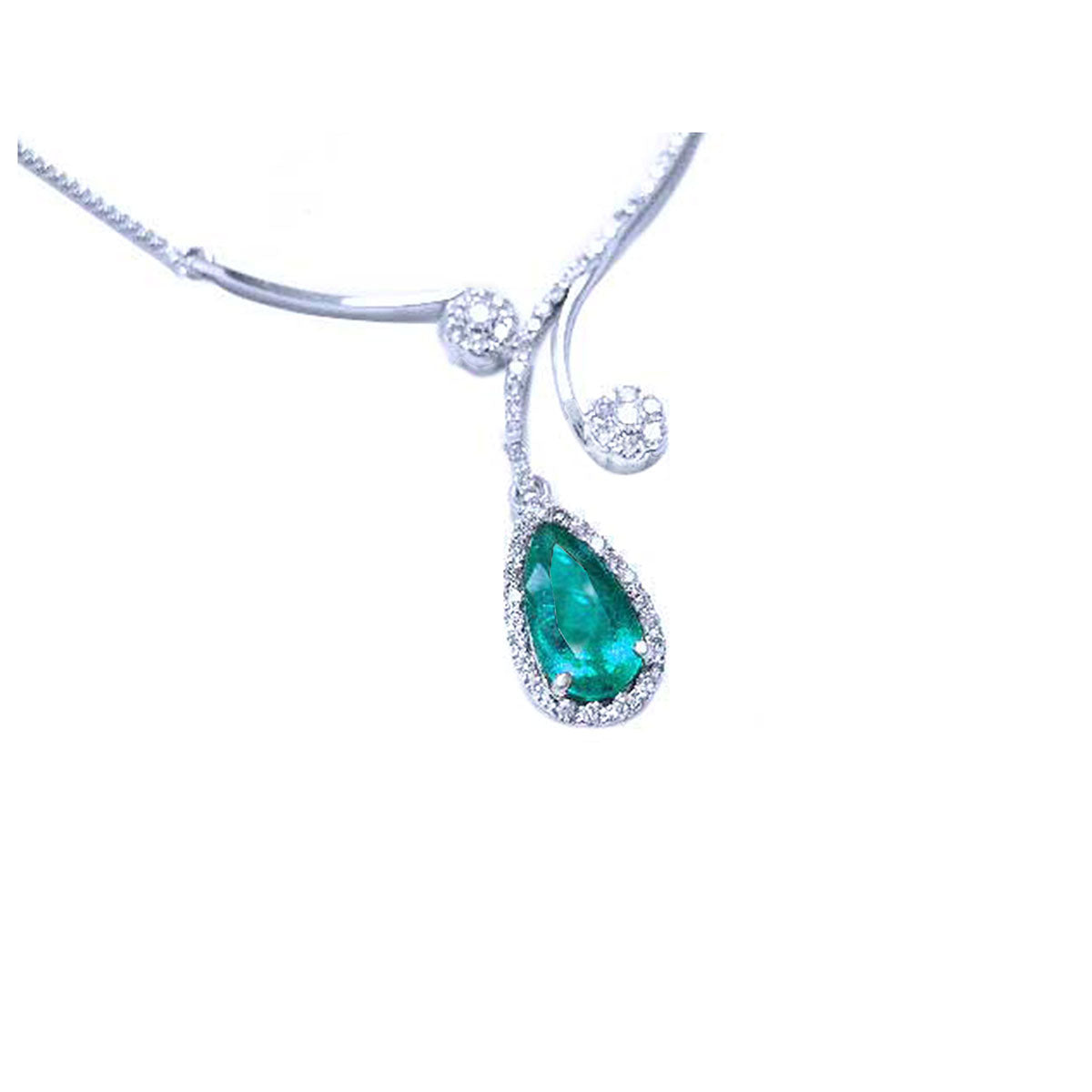 front view of a white gold necklace with a natural Colombian teardrop emerald pendant on a white background