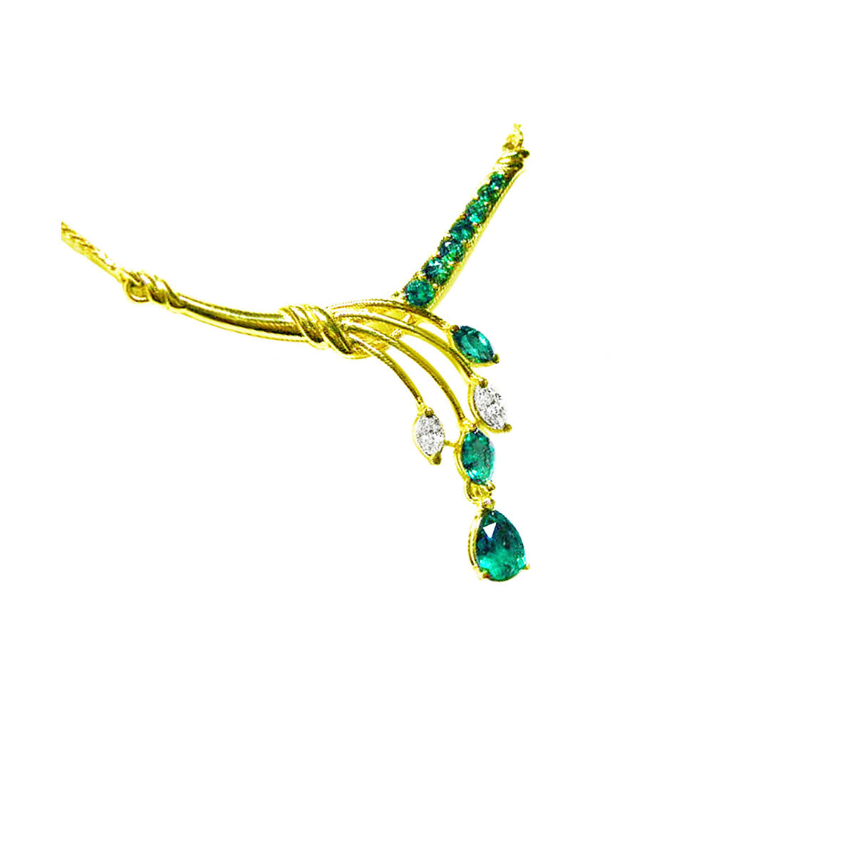 A front sight view of a yellow gold necklace with natural emeralds gemstones and diamonds on a white background