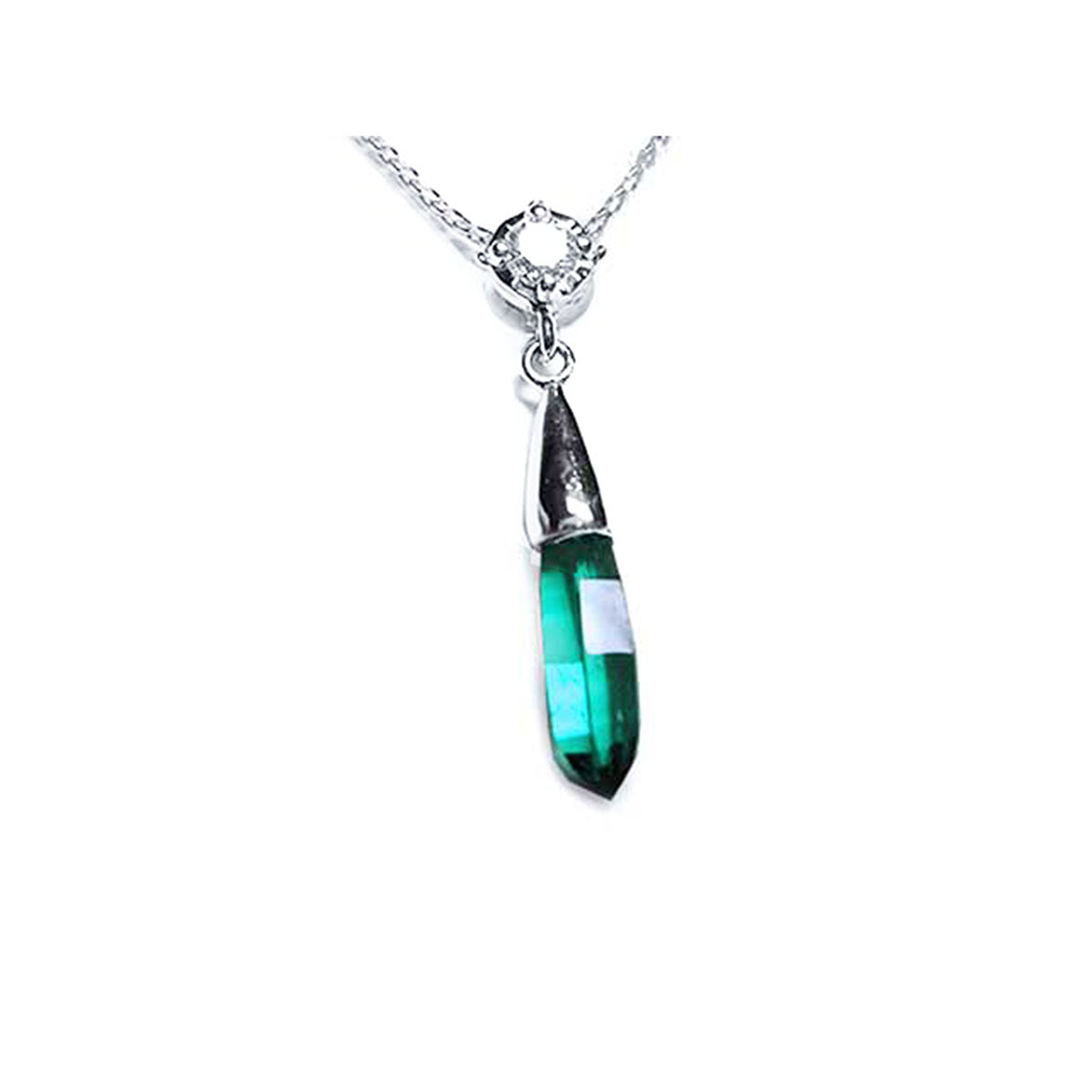 frontal view of a emerald and diamond briolette necklace in 14k white gold with a natural diamond