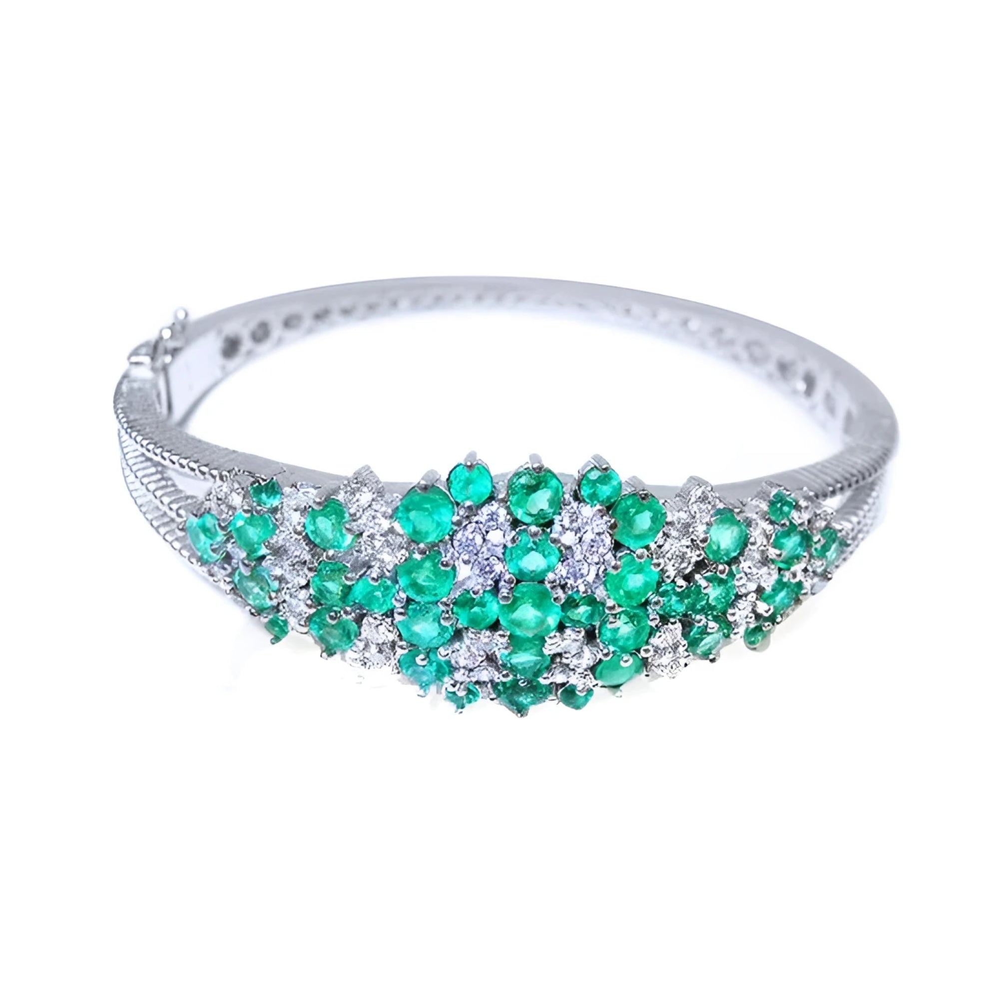 14k white gold bangle bracelet with round Colombian emeralds and diamonds.