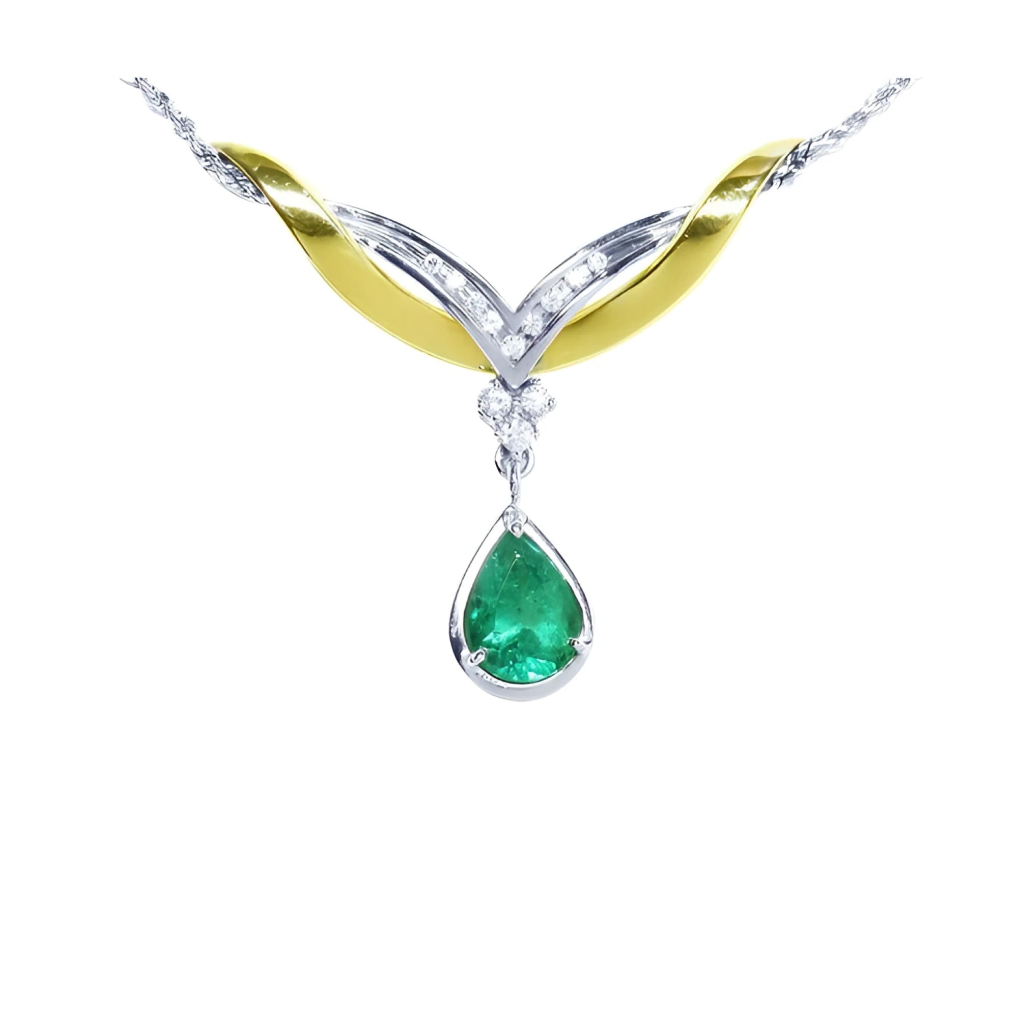 14K white/yellow gold necklace with a pear-shaped Colombian emerald and diamond chevron design.