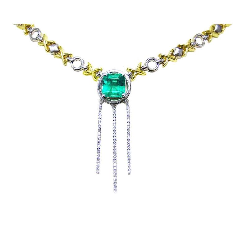 14k gold kisses and hugs necklace with a square natural colombian emerald gemstone.