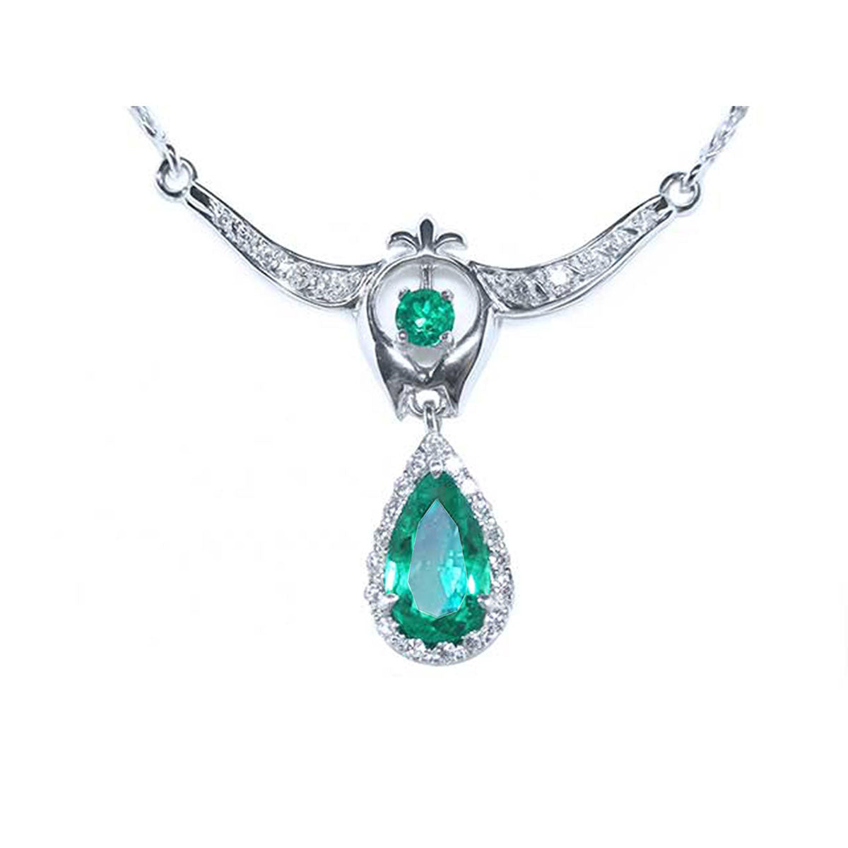Front view of Emerald jewelry necklace pear-shaped Muzo mine accented by natural diamonds