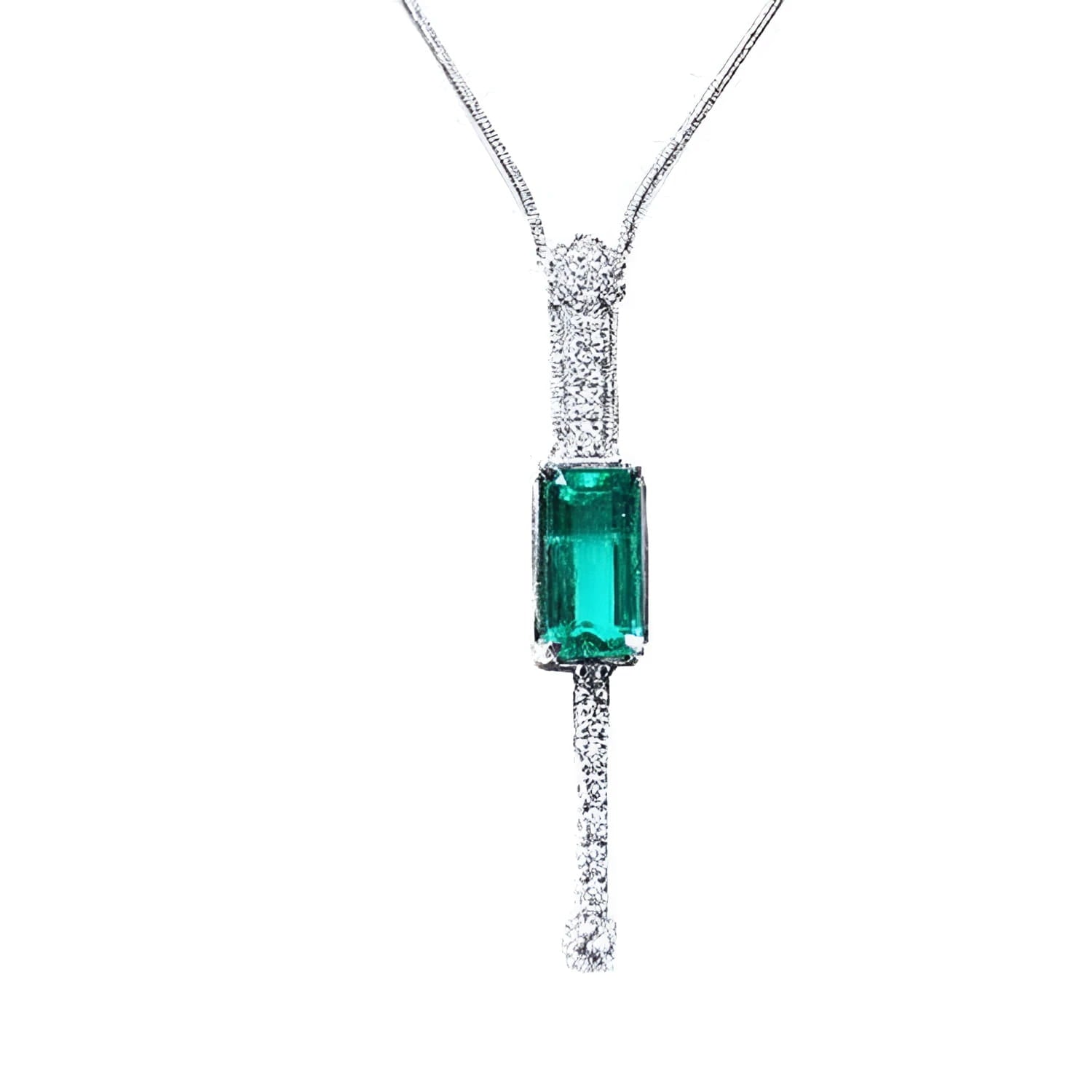 Women's 14K white gold necklace with a rectangular Colombian emerald and diamond accents.