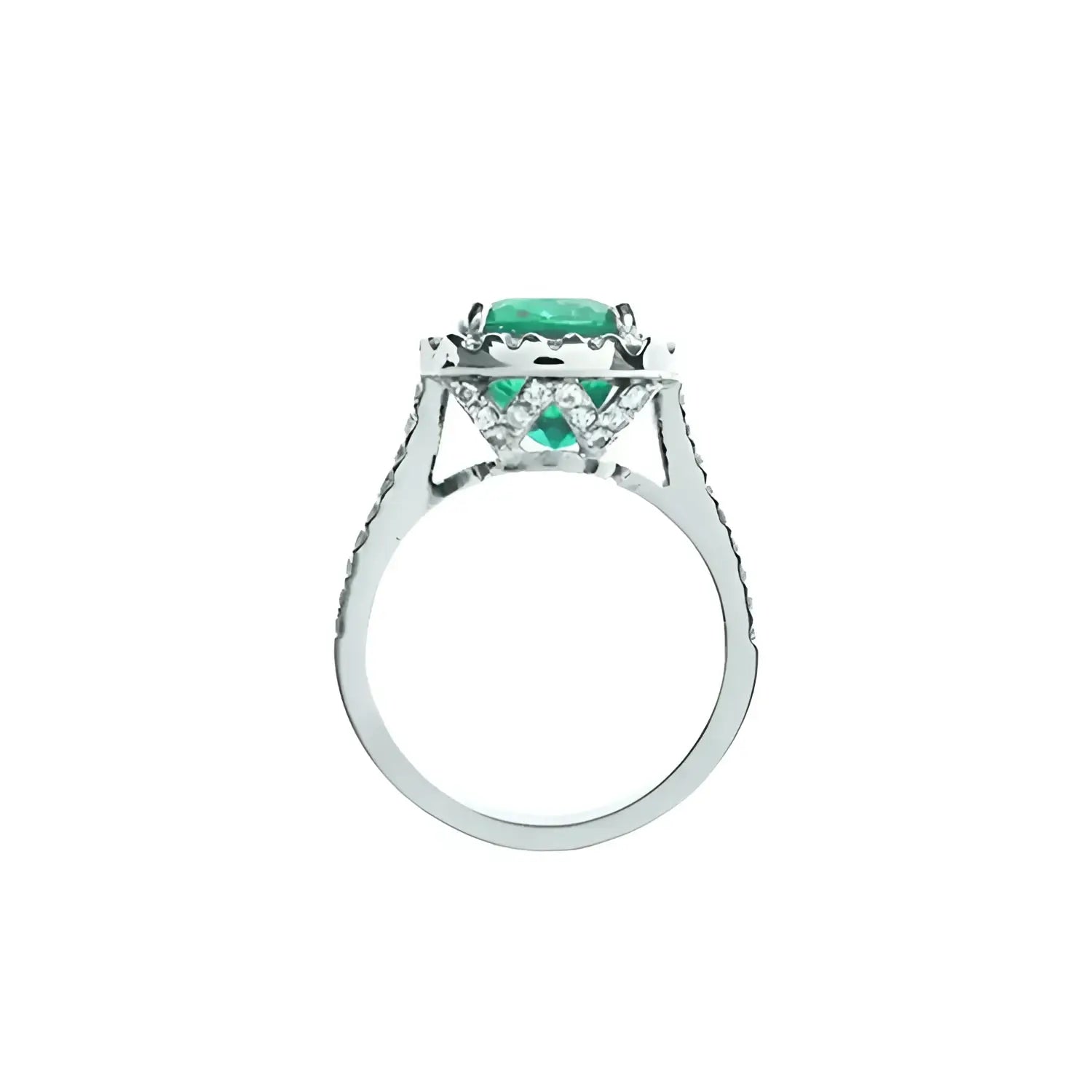 Anillo de oro blanco 14k con esmeralda colombiana corte cojín de 3.92 ct y halo de diamantes.