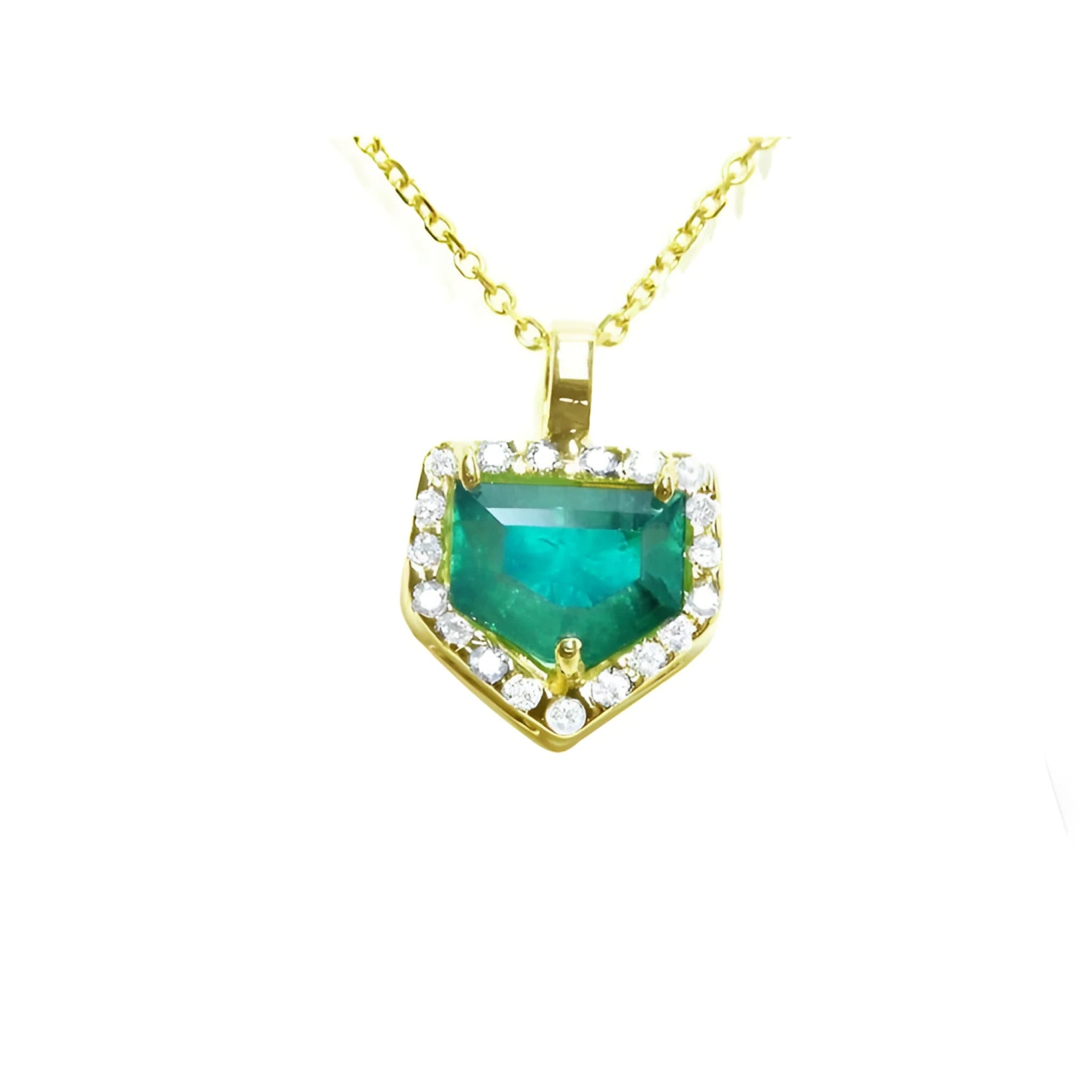 1.75 ct. Colombian emerald pendant with diamond halo on a 14K gold chain.