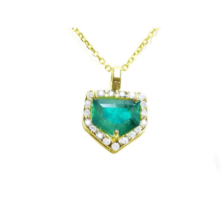 1.75 ct. Colombian emerald pendant with diamond halo on a 14K gold chain.