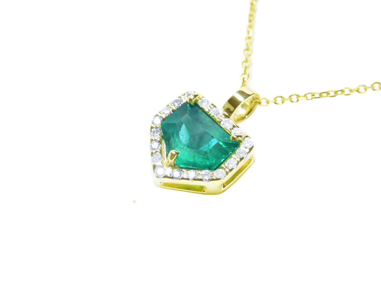 Gold necklace with a genuine emerald pendant on a toside and gallery view.