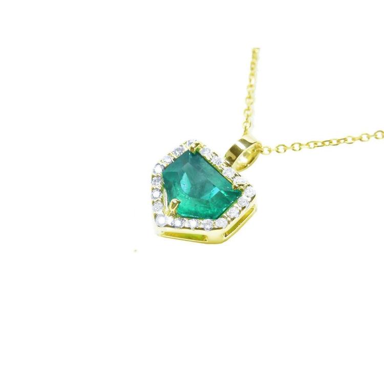 1.75 ct Colombian emerald pendant with diamond halo on a 14K gold chain.