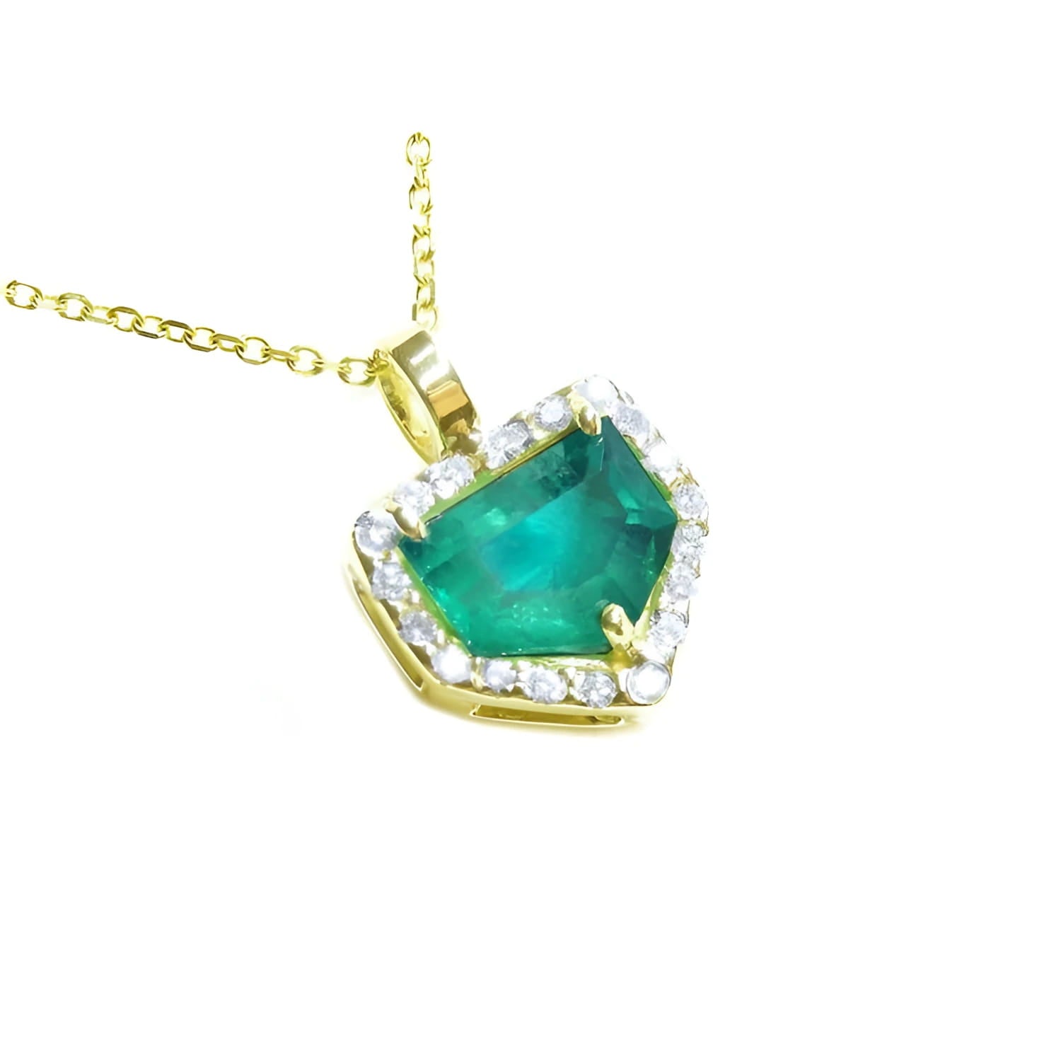 Yellow gold pendant with a natural emerald and diamond accents on a toside view.