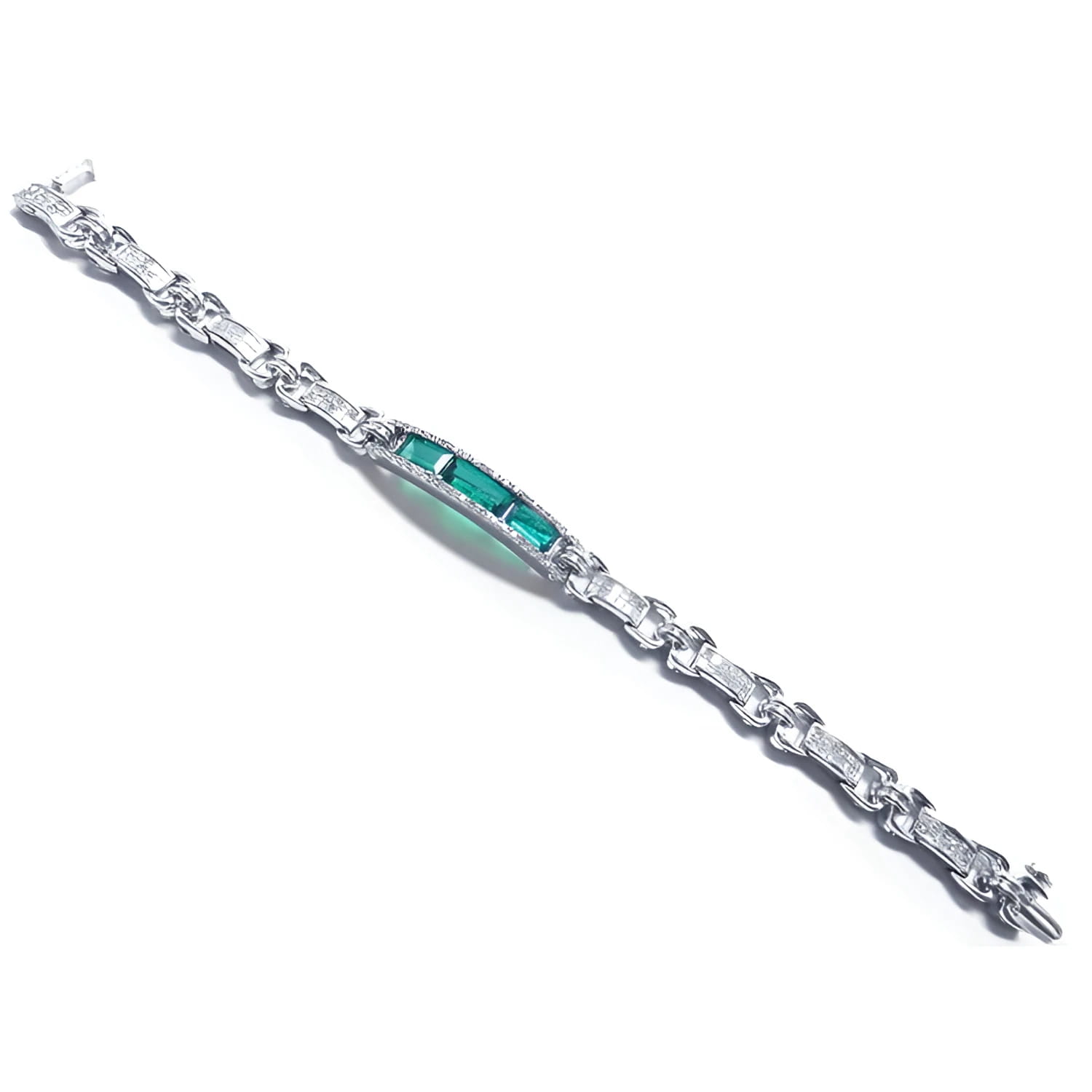 White gold bracelet with vibrant Colombian emeralds and princess-cut diamonds.