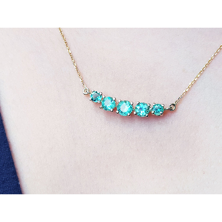 Emeralds Five Stone Necklace sparkling medium green Muzo Colombia 14K Yellow Gold