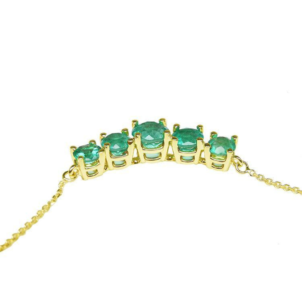 14K gold necklace with five round, medium green Colombian emeralds in elegant basket settings.