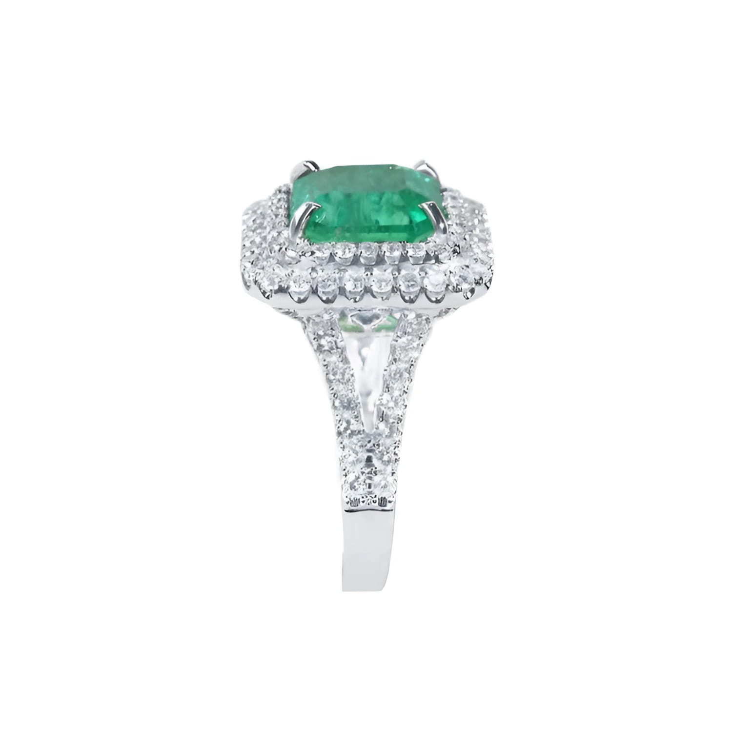 4.14 ct GIA-certified F1 Colombian emerald ring with diamond halo and split shank in 14K white gold.