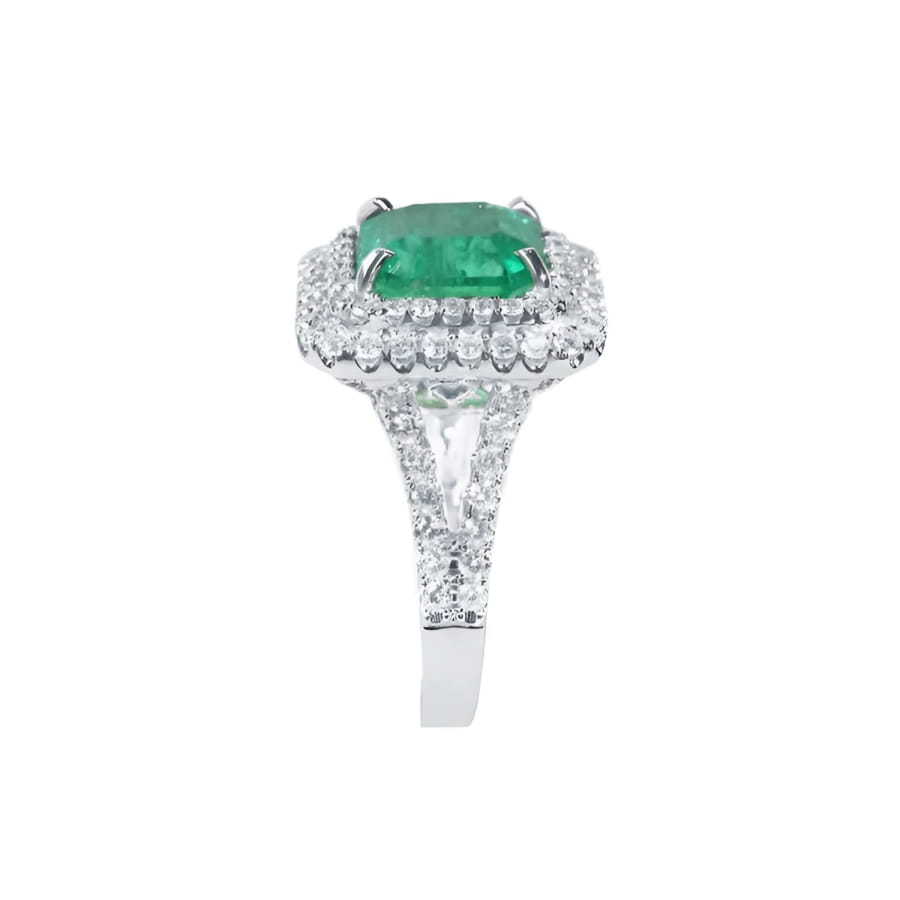 4.14 ct GIA-certified F1 Colombian emerald ring with diamond halo and split shank in 14K white gold.