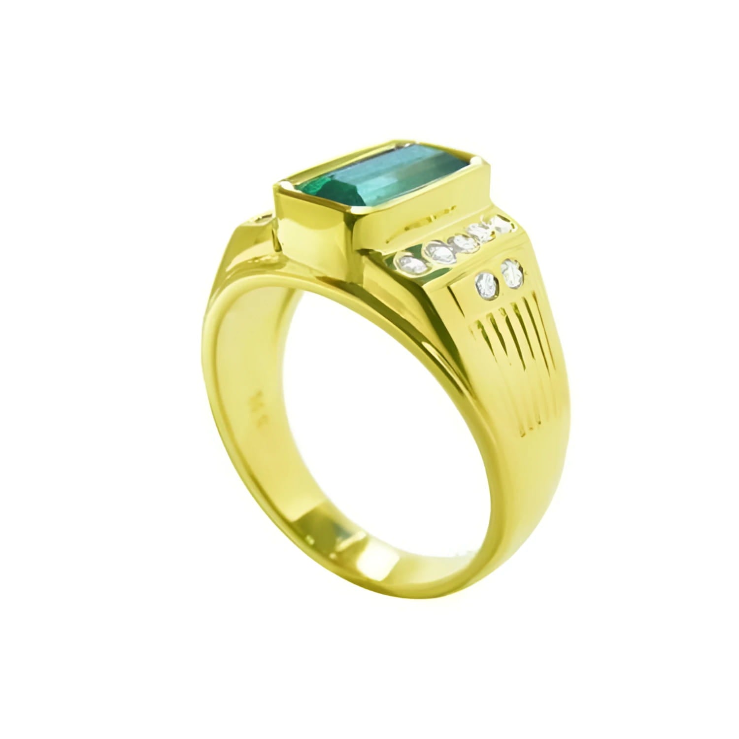 Men's 14K yellow gold ring with a bezel-set rectangular Colombian emerald and burnish-set diamonds.