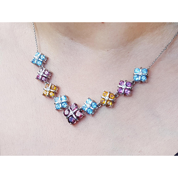 18K White Gold Tri Color Topaz Cluster Necklace X Design Links