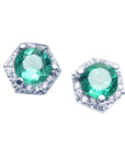 A pair of round cut Colombian emerald stud earrings with hexagonal halo of natural diamonds, set in 14K white gold.