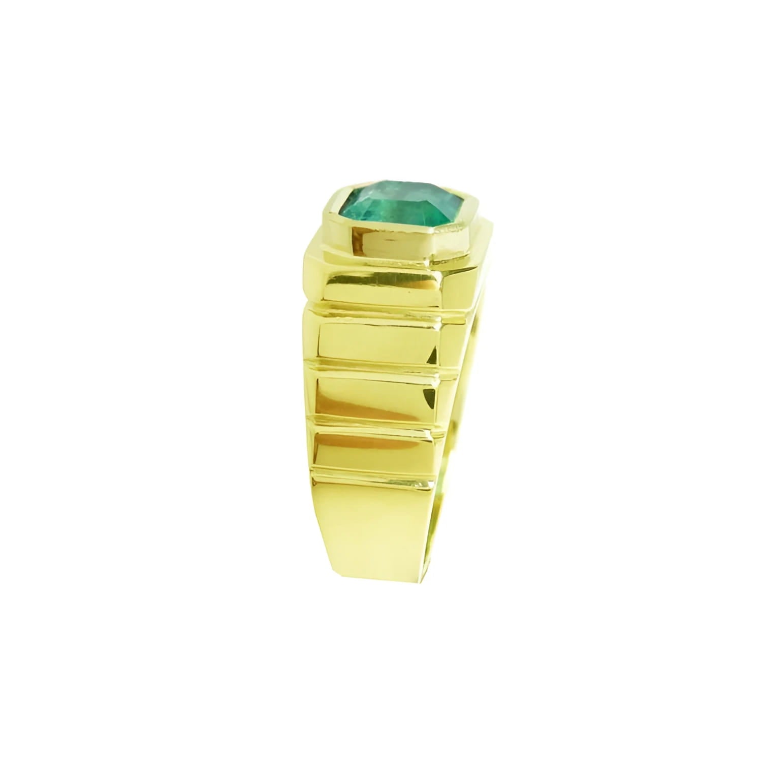 Men's 18K yellow gold ring with a rectangular, medium-deep green emerald in a full bezel setting.