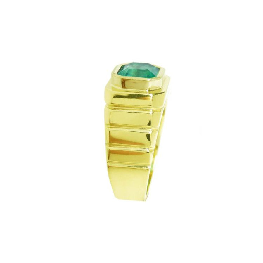 Men's 18K yellow gold ring with a rectangular, medium-deep green emerald in a full bezel setting.