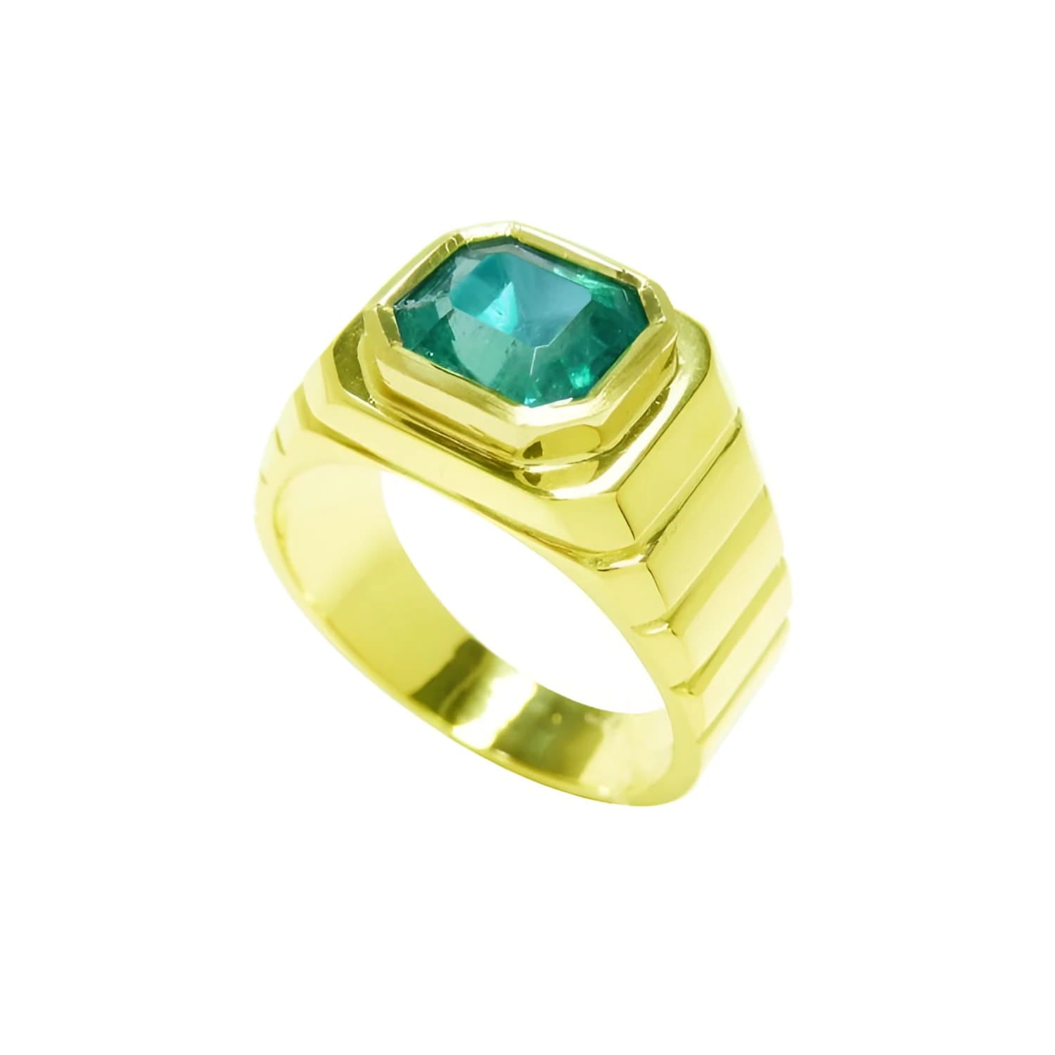 Men's 18K yellow gold ring with a rectangular, medium-deep green emerald in a full bezel setting.
