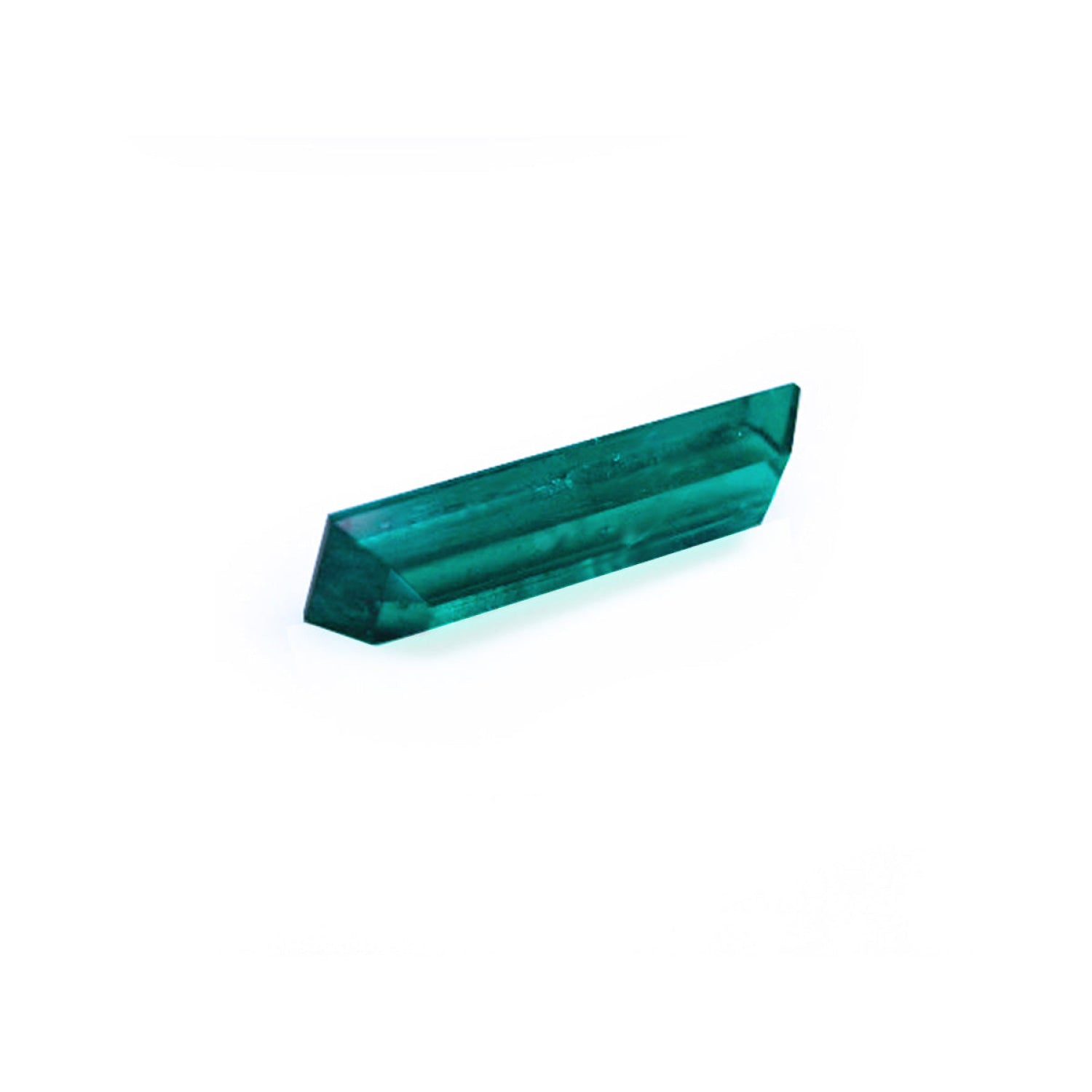 3.13 carat baguette cut Colombian emerald, eye-clean, sparkling bluish-green.