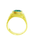 Men's emerald ring made of 18k yellow gold with a GIA certification of F1 clarity enhancement.