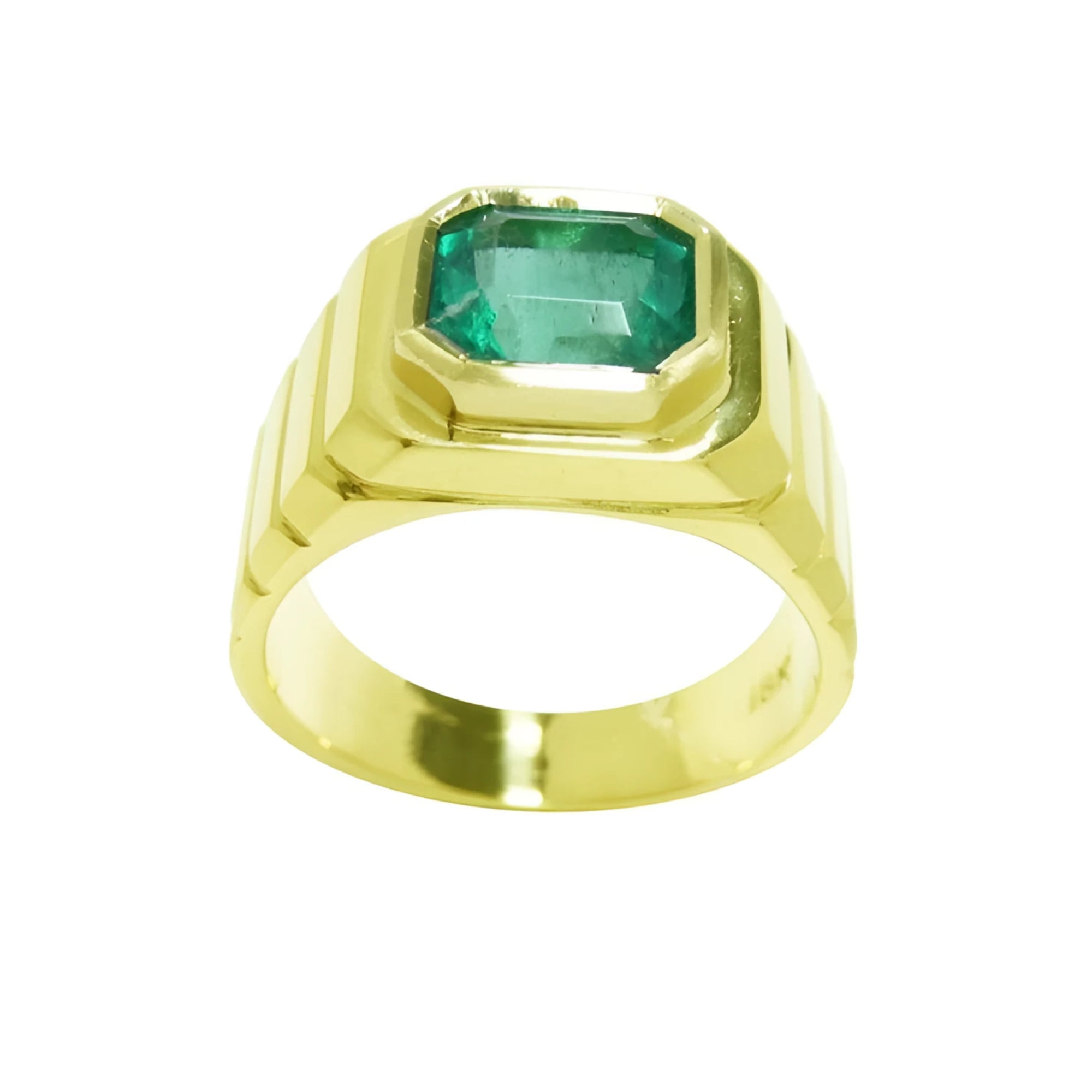 Men's 18K yellow gold ring with a rectangular, medium-deep green emerald in a full bezel setting.