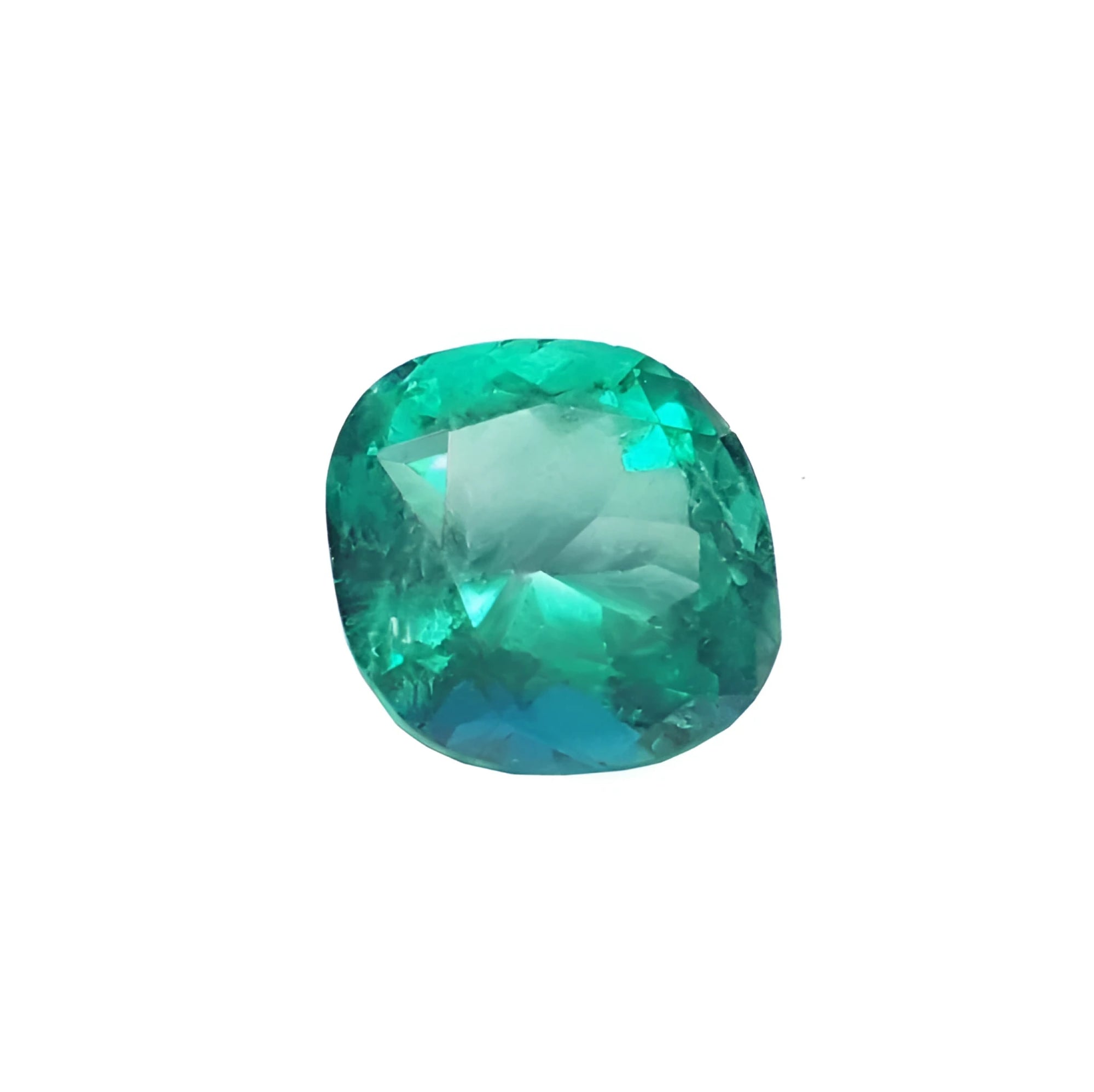 5.21 carat GIA certified cushion cut natural Colombian emerald with a vibrant bluish-green hue.