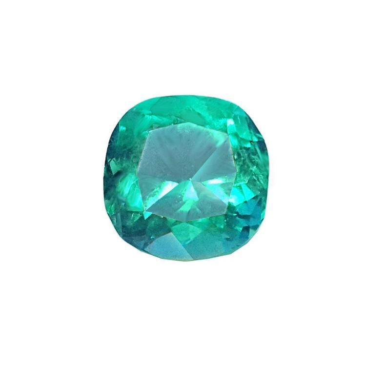 Cushion cut loose natural Colombian emerald GIA certified, displays a vibrant medium-deep bluish-green hue.