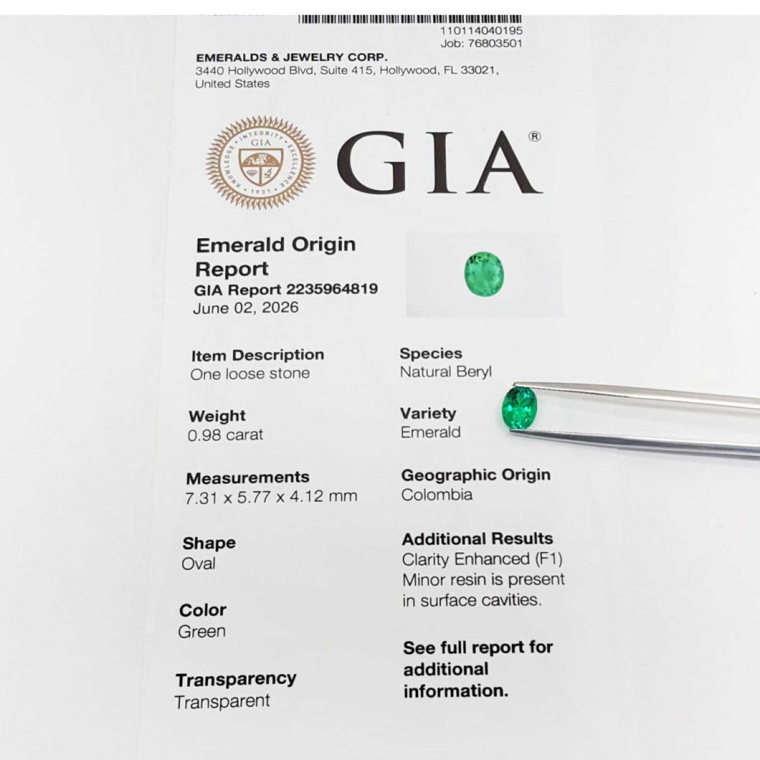 Gia origin report of a natural colombian emerald oval cut.