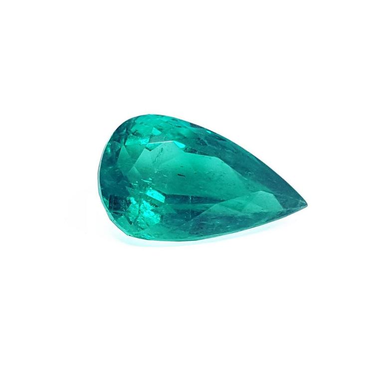 GIA certified loose emerald pear cut right profile view displaying table and crown