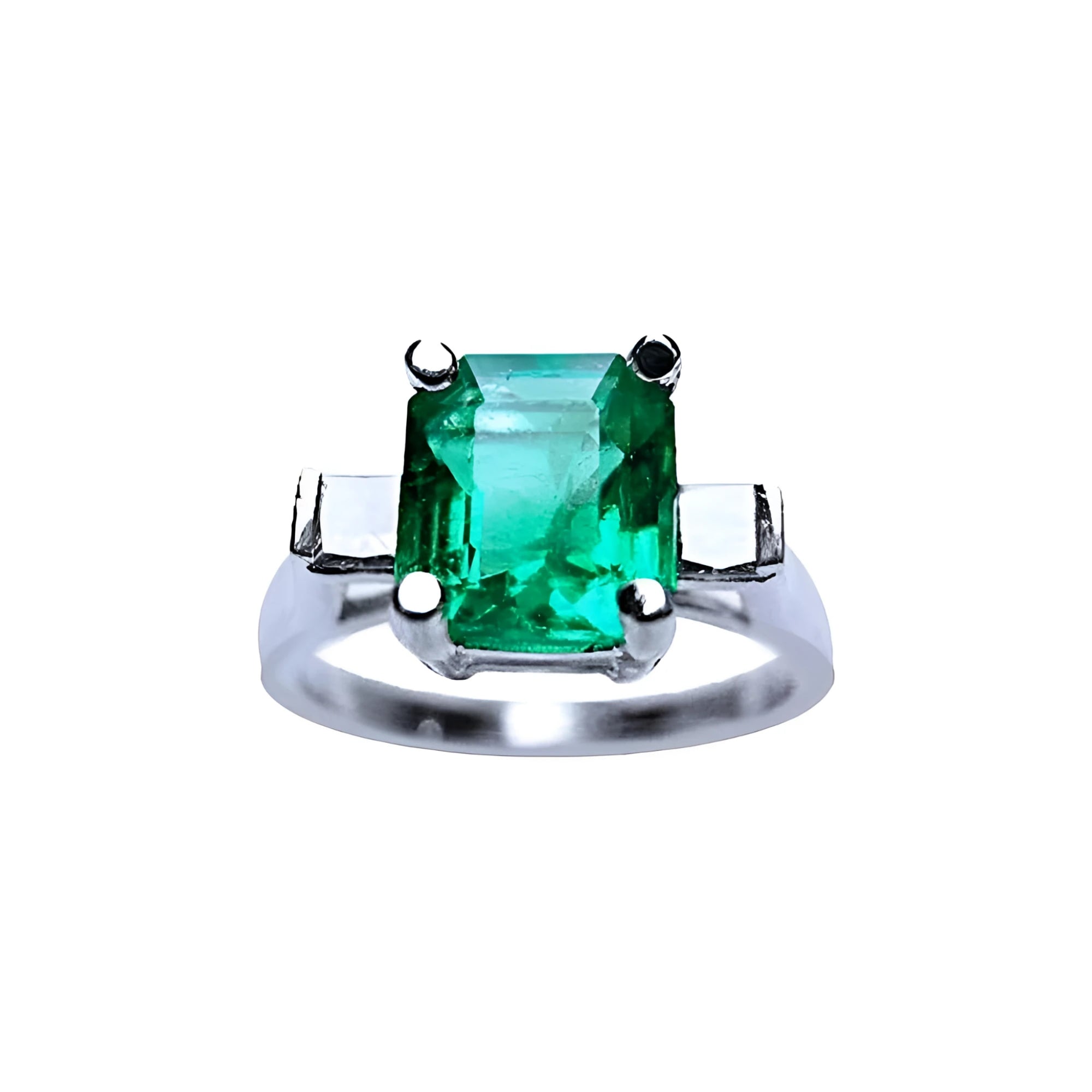 A GIA certified May's birthstone square emerald ring with side princess cut diamonds in 14k white gold.