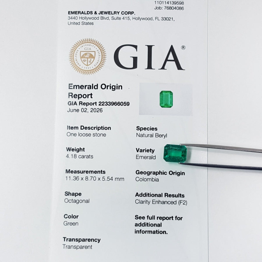 GIA emerald origin report of a natural colombian emerald from the Muzo mines.