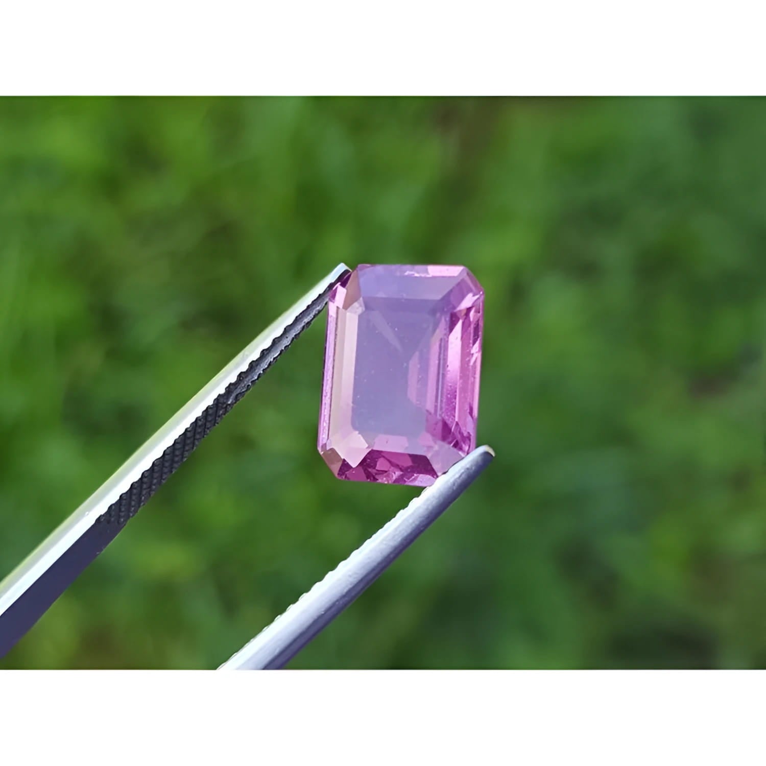 4.05 ct natural loose pink sapphire, emerald cut, held by tweezers against a green background.