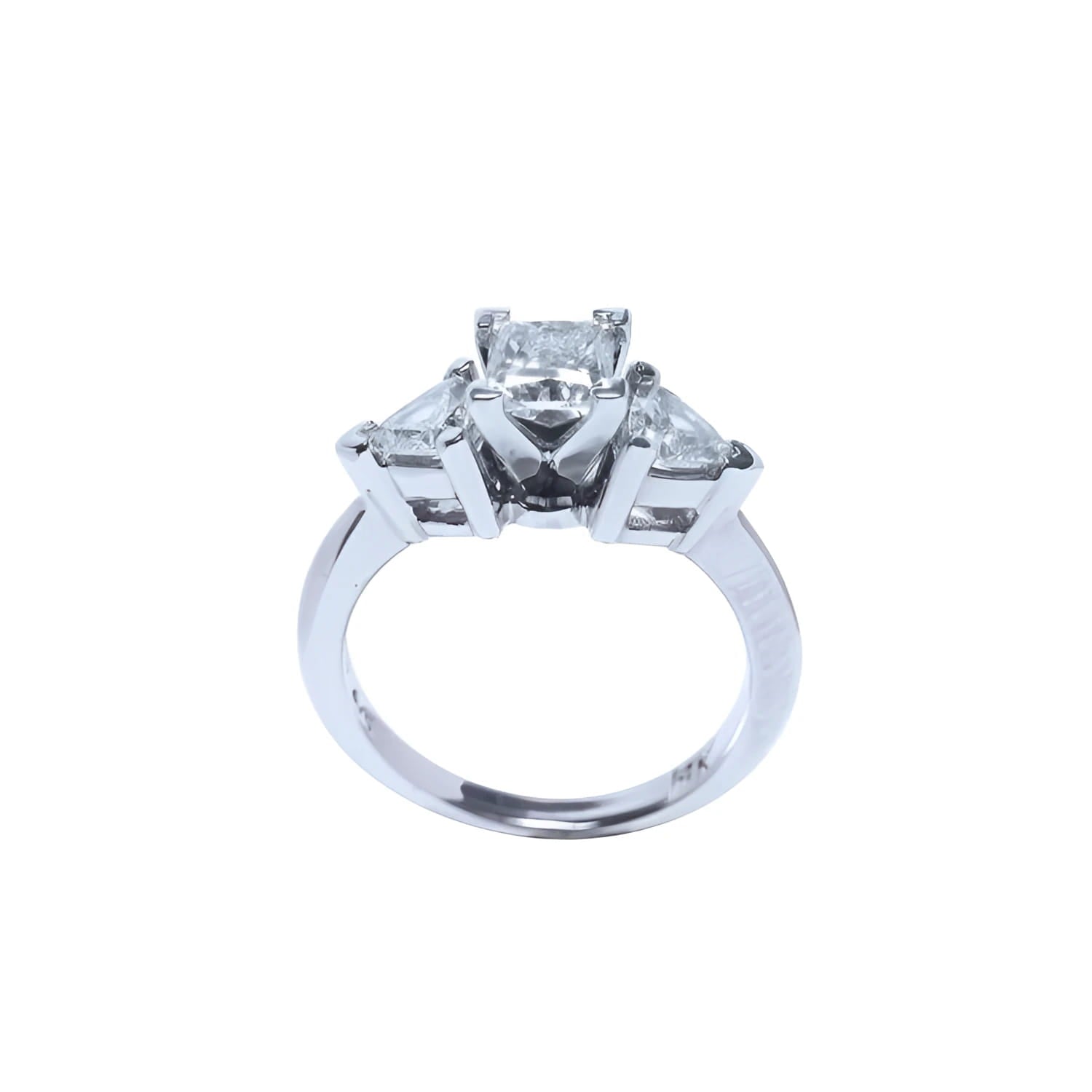 14K white gold ring with a princess cut diamond center and two trillion side diamonds.