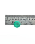 A round cut loose colombian emerald, shown resting on a metal ruler with millimeter markings to indicate its size.