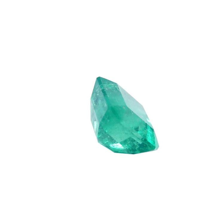 GIA certified 2.23 carat square octagonal emerald cut Muzo Colombian emerald with vivid bluish-green hue.