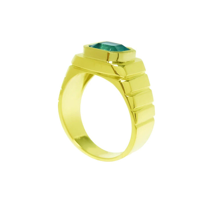 natural colombian emerald ring for men in 18k yellow gold bezel set.