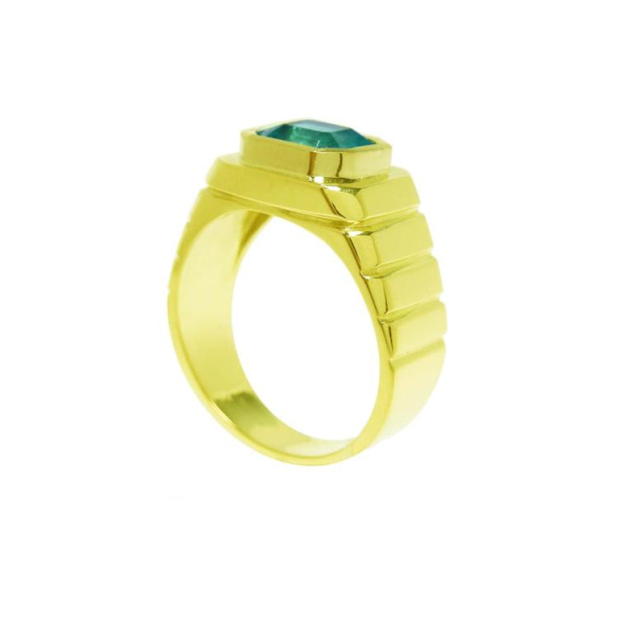 Men's 18K yellow gold ring with a rectangular, medium-deep green emerald in a full bezel setting.