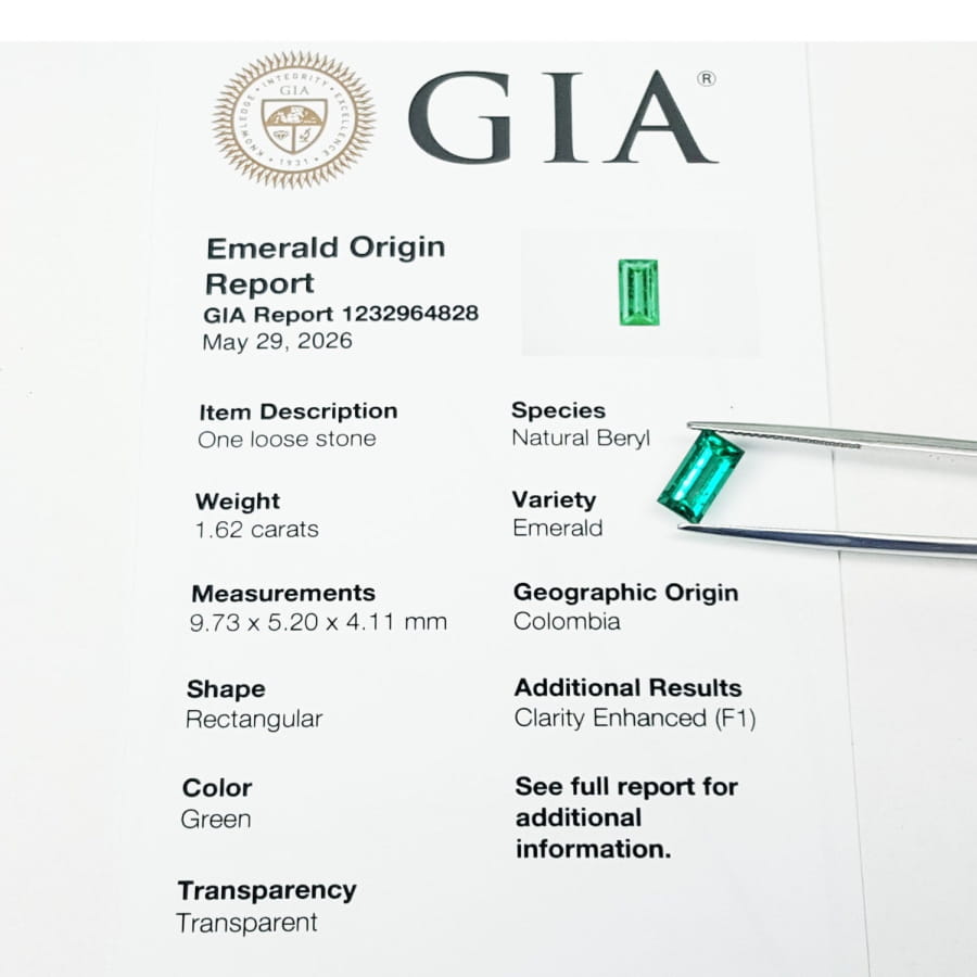 GIA emerald origin report with a green gemstone held by tweezers.