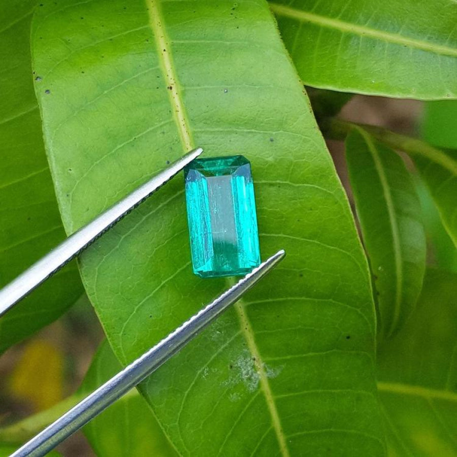 2.47 carat GIA certified loose Colombian emerald, sparkling bluish-green, held by tweezers on a green leaf.