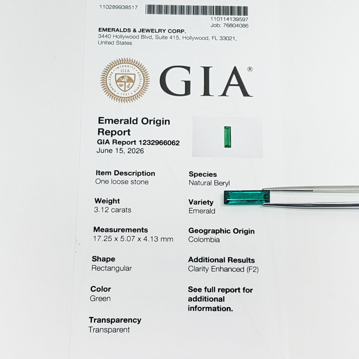 GIA report for a natural baguette loose colombian emerald.