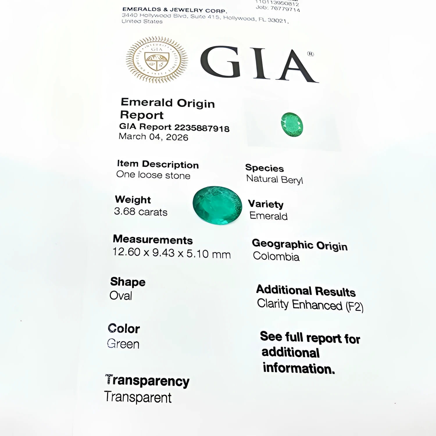 GIA certified 3.68 ct. loose oval emerald from Colombia, bright bluish-green.